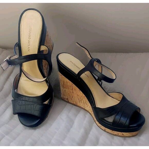 ANTONIO MELANI - Women's Black Leather Strappy 4.5" Wedges - Size 10 M - Picture 1 of 5